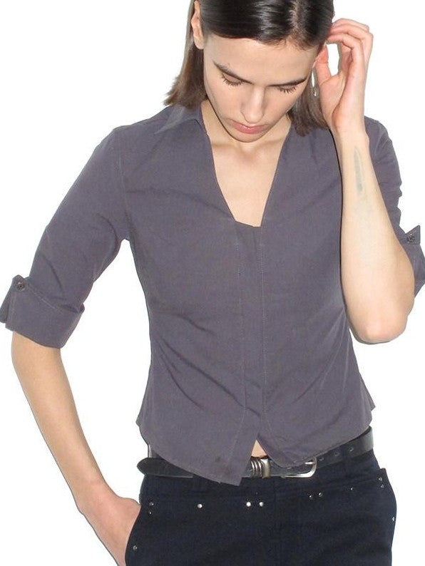 Mito de dar Grey Blue Hidden Placket V-neck Fitted Short Sleeve Women&