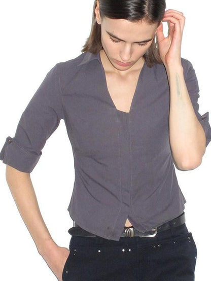 Mito de dar Grey Blue Hidden Placket V-neck Fitted Short Sleeve Women&