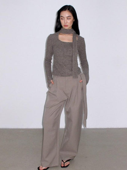 Mito de dar Grey Khaki Button Tie Pleated Micro Stretch Women&