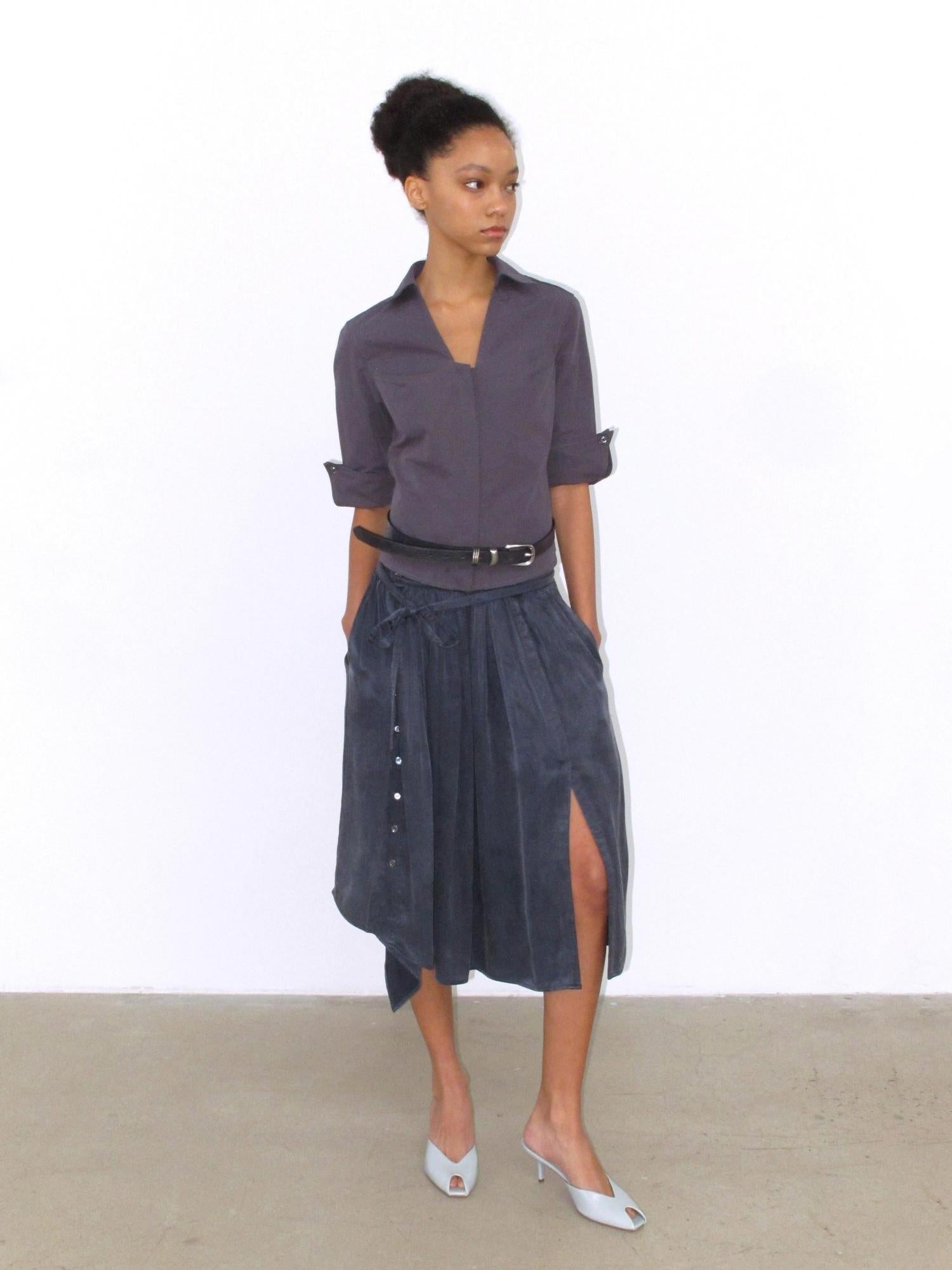 Mito de dar Holds Shape Casual A Line Side Slit Tie Waist Lyocell Cotton Midi Skirt