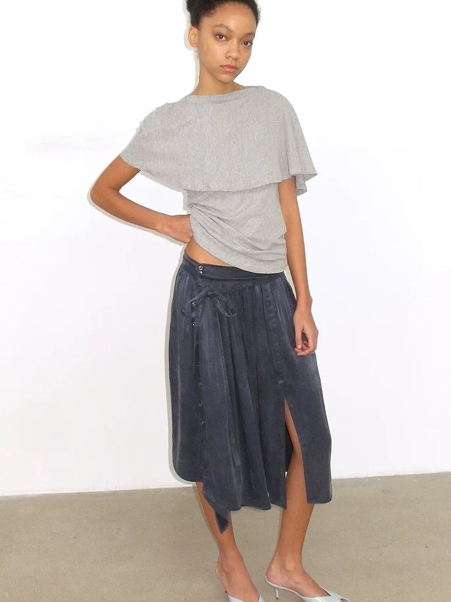 Mito de dar Long Staple Cotton Breathable Gathered Slim Waist Casual Women Gray Crew T-Shirt