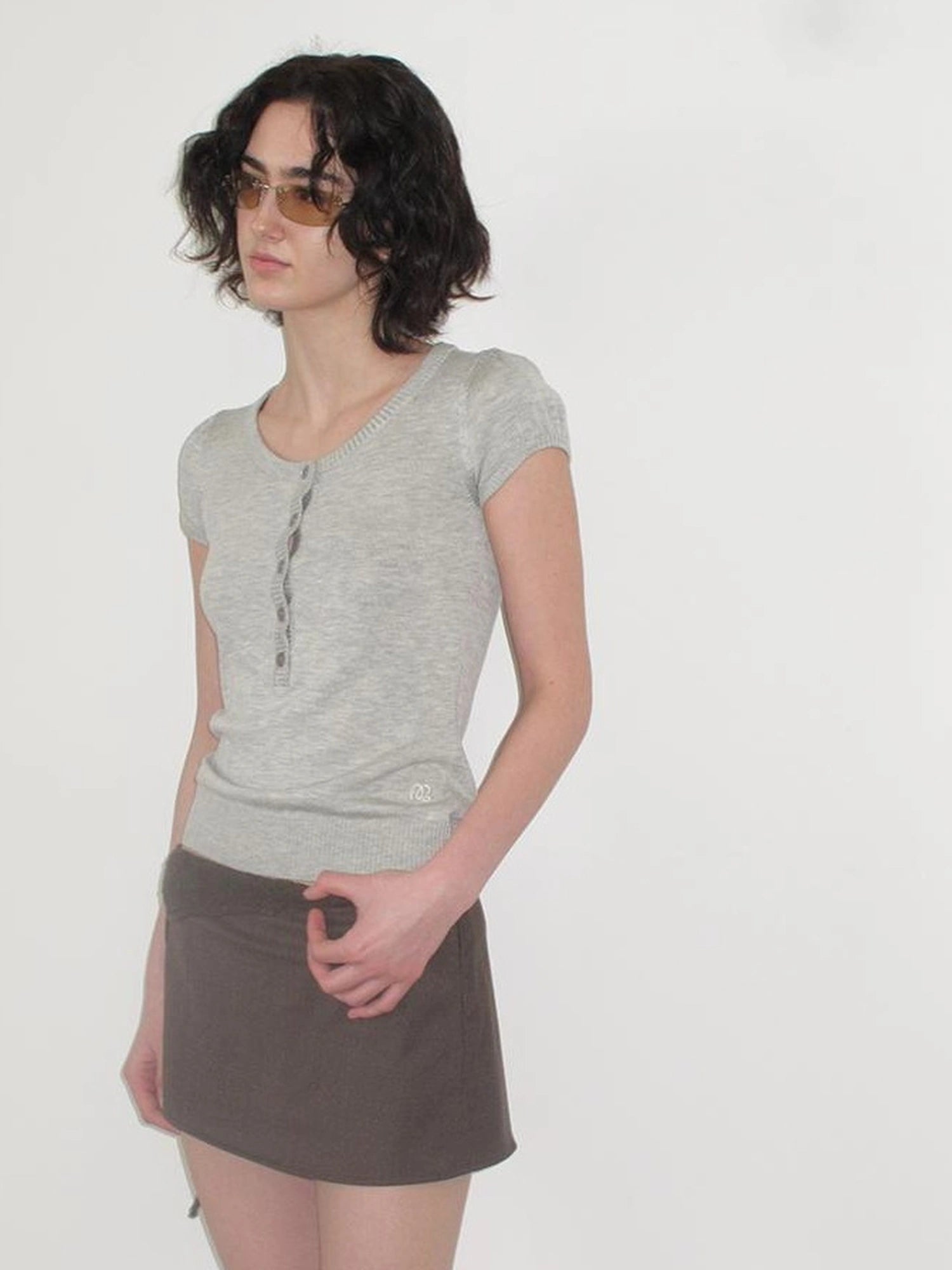 Mito de dar Low Saturation Gravel Brown Mixed Yarn Waistband Short Suit Skorts