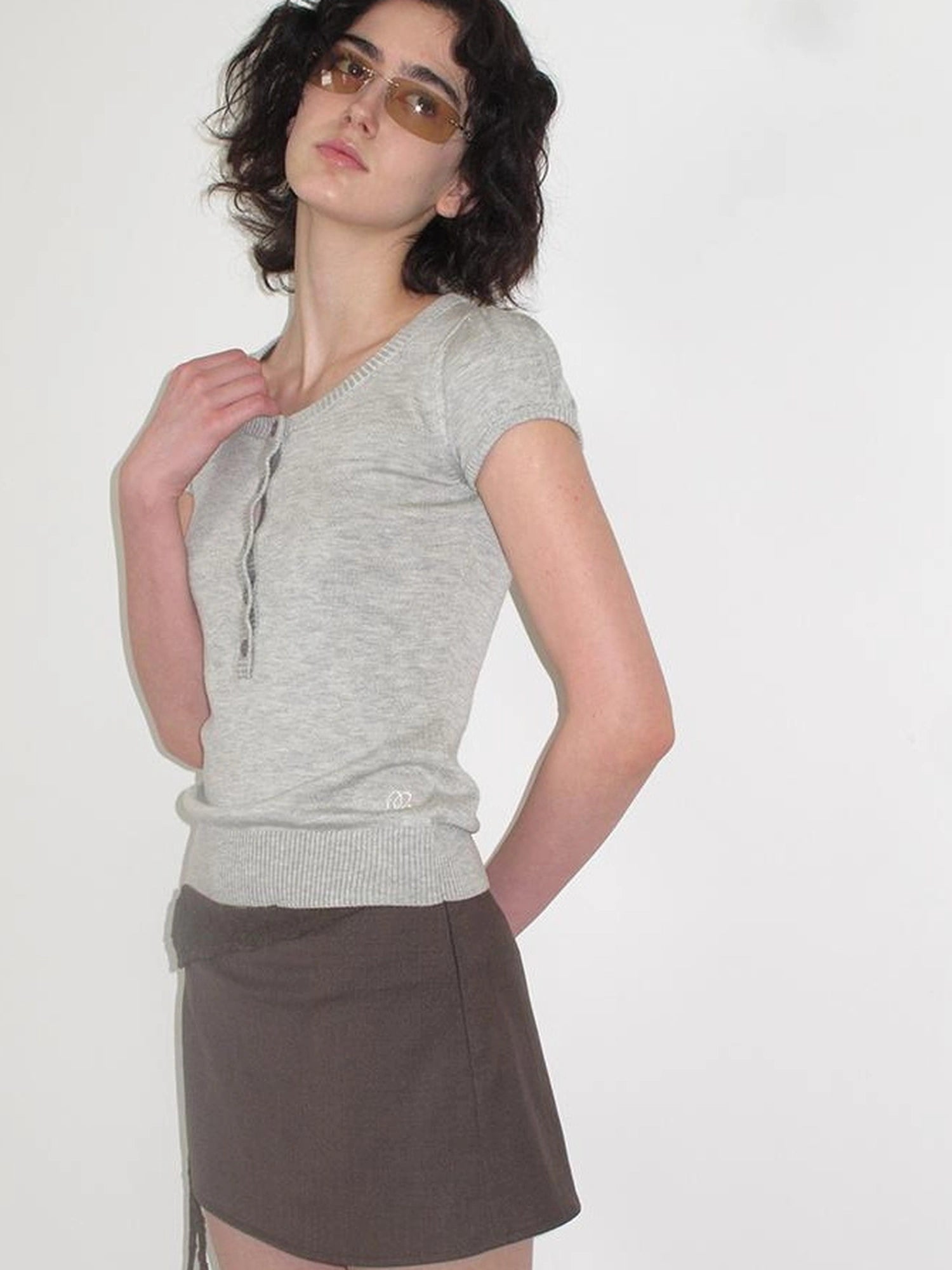 Mito de dar Low Saturation Gravel Brown Mixed Yarn Waistband Short Suit Skorts