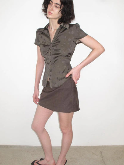 Mito de dar Low Saturation Gravel Brown Mixed Yarn Waistband Short Suit Skorts