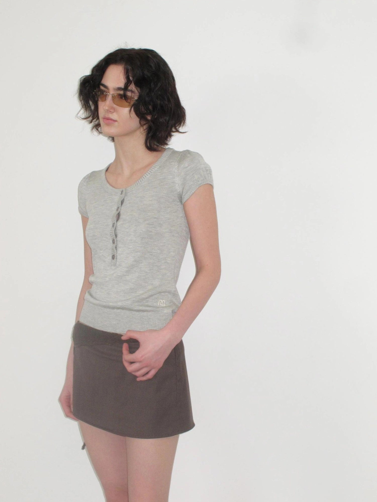 Mito de dar Low Saturation Gravel Brown Mixed Yarn Waistband Short Suit Skorts