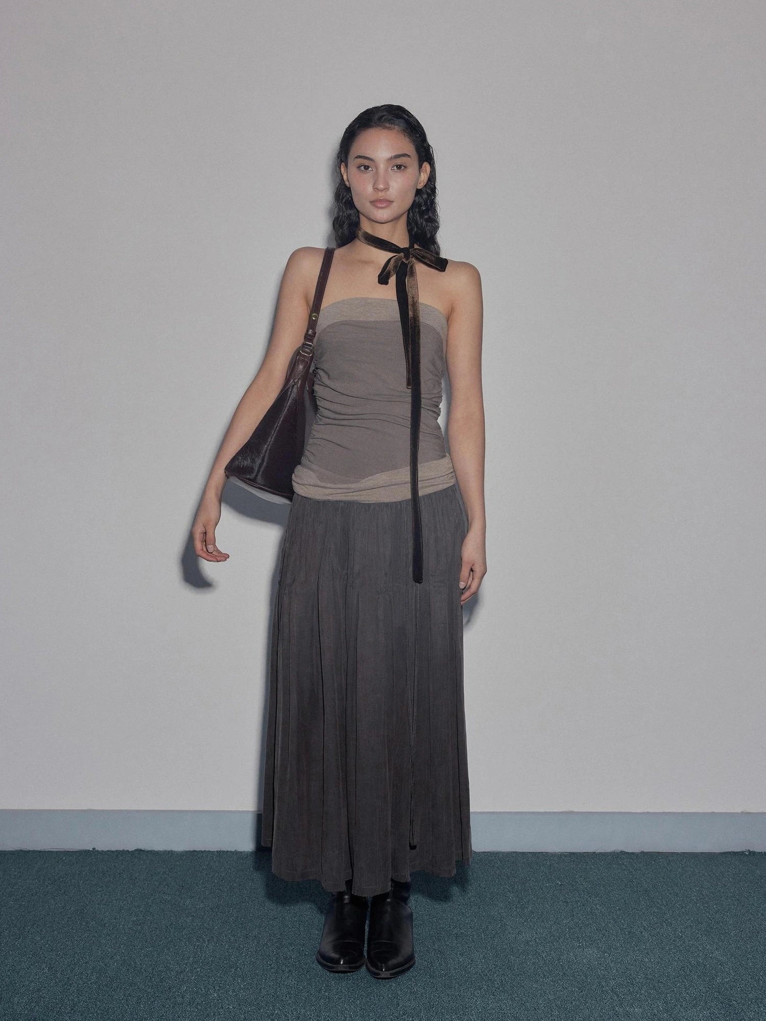 Mito de dar Low Saturation Patchwork Pleated Cupro Maxi Dress