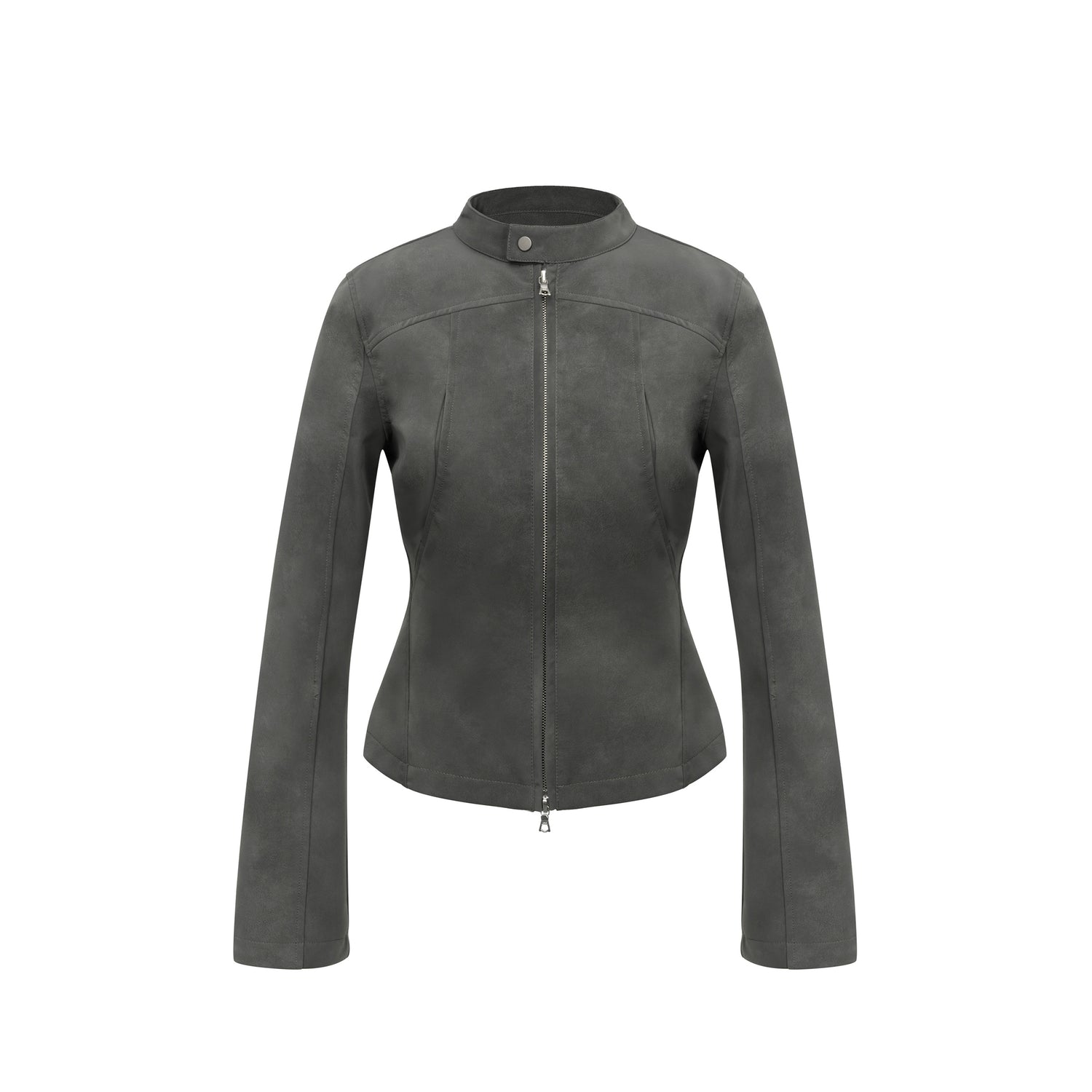 Mito_de_dar_Matte_Mist_Gray_Stand_Collar_Dual_Zipper_Slim_Cropped_Women&