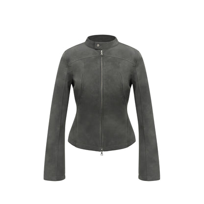 Mito_de_dar_Matte_Mist_Gray_Stand_Collar_Dual_Zipper_Slim_Cropped_Women&