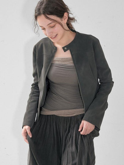 Mito de dar Matte Mist Gray Stand Collar Dual Zipper Slim Cropped Women&