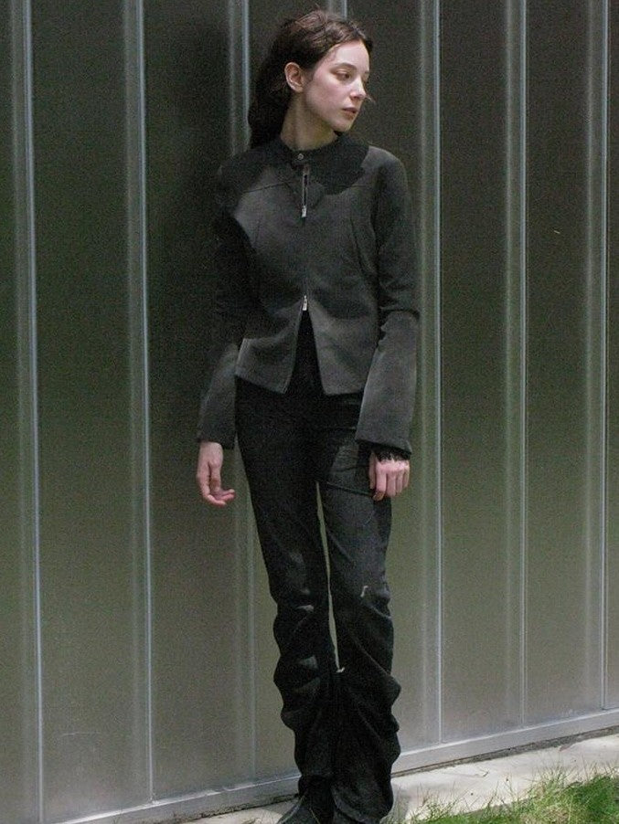 Mito de dar Matte Mist Gray Stand Collar Dual Zipper Slim Cropped Women&