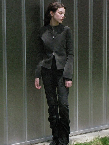 Mito de dar Matte Mist Gray Stand Collar Dual Zipper Slim Cropped Women&