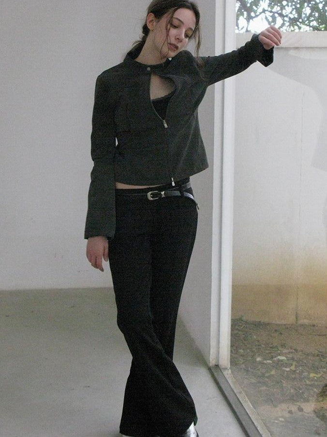Mito de dar Matte Mist Gray Stand Collar Dual Zipper Slim Cropped Women&