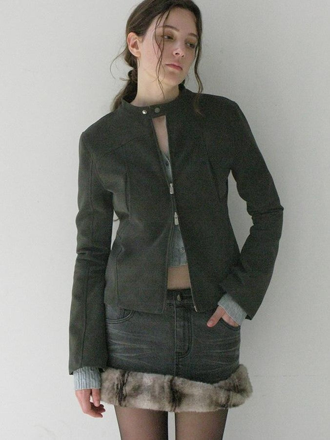 Mito de dar Matte Mist Gray Stand Collar Dual Zipper Slim Cropped Women&