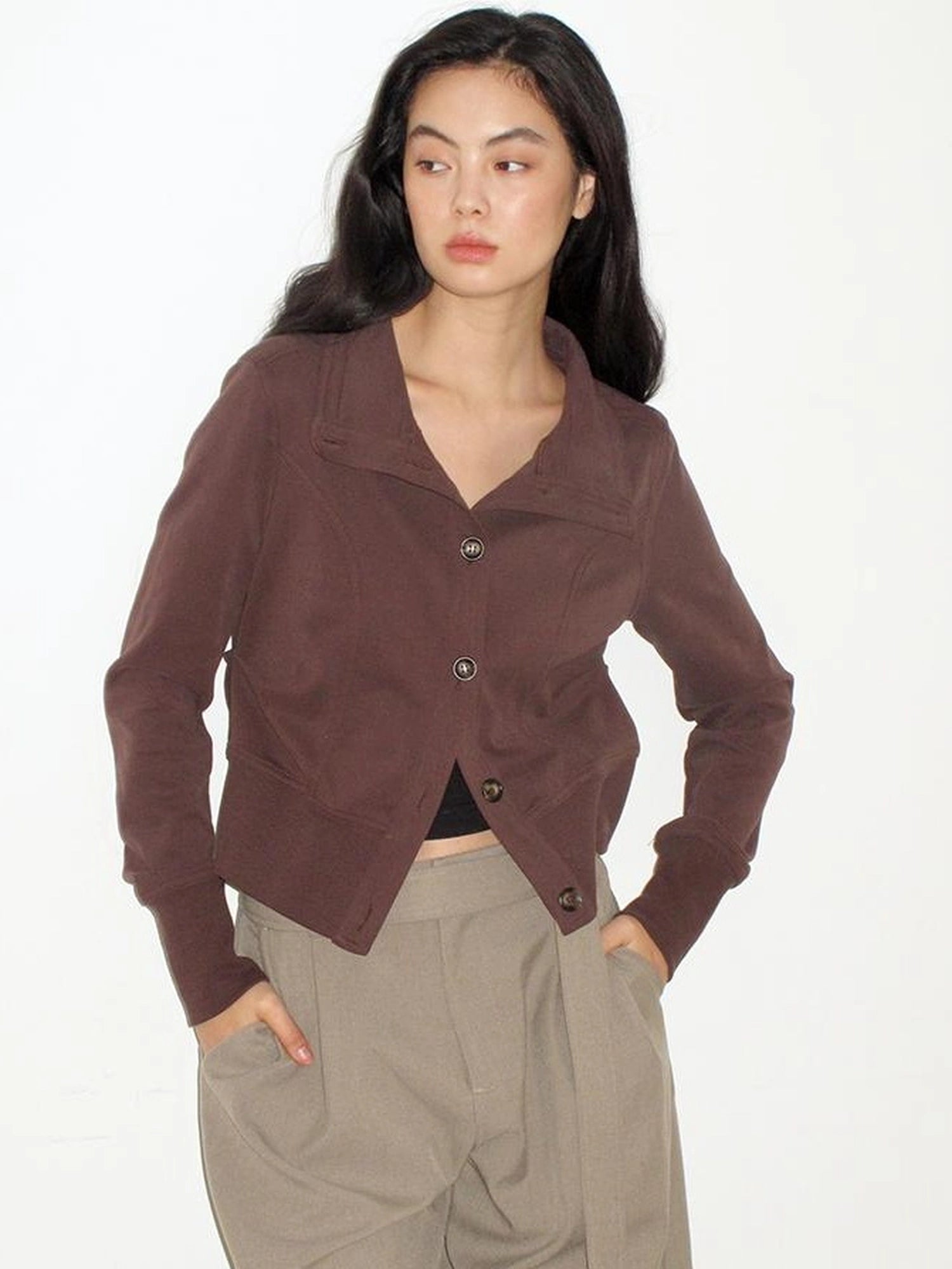 Mito de dar Matte Stand Collar Slim Fit Waist Cinched Urban Jacket