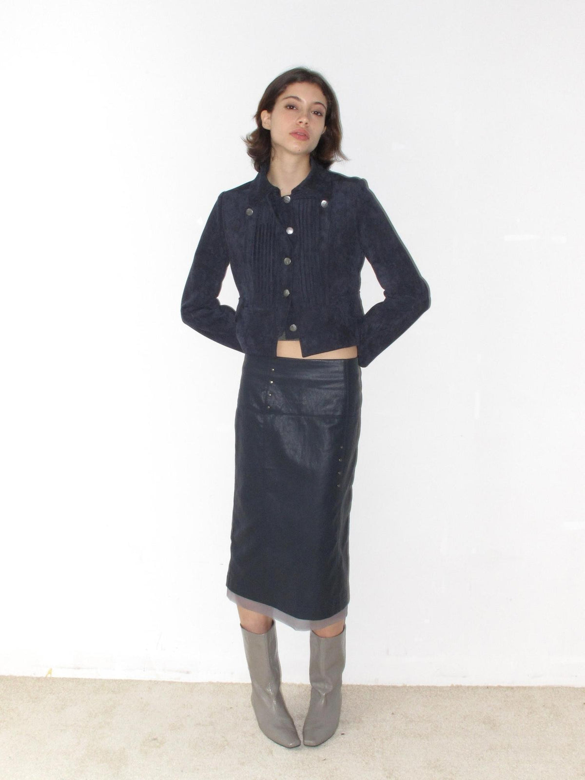 Mito de dar Midnight Blue Metallic Asymmetric Studded Mesh Panel Women&