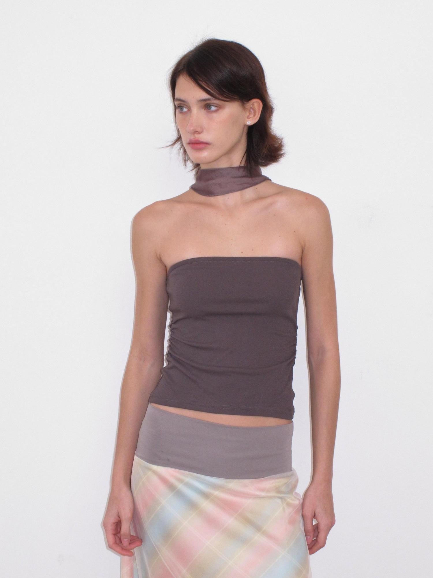 Mito de dar Mocha Brown Backless Halter Waist Cinch Knit Women&