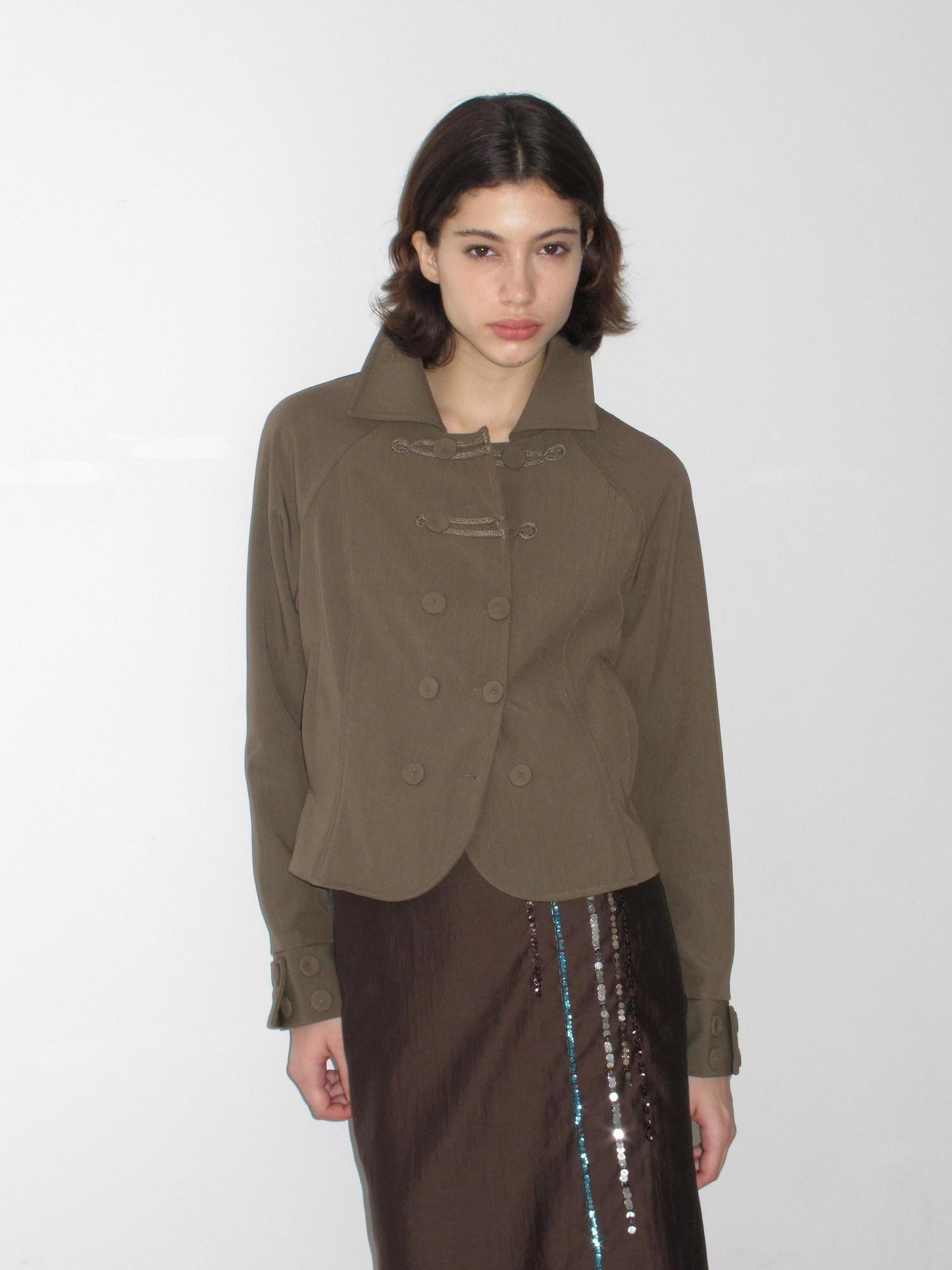 Mito de dar Olive Gray Napoleon Knot Double Breasted Cropped Viscose Women&