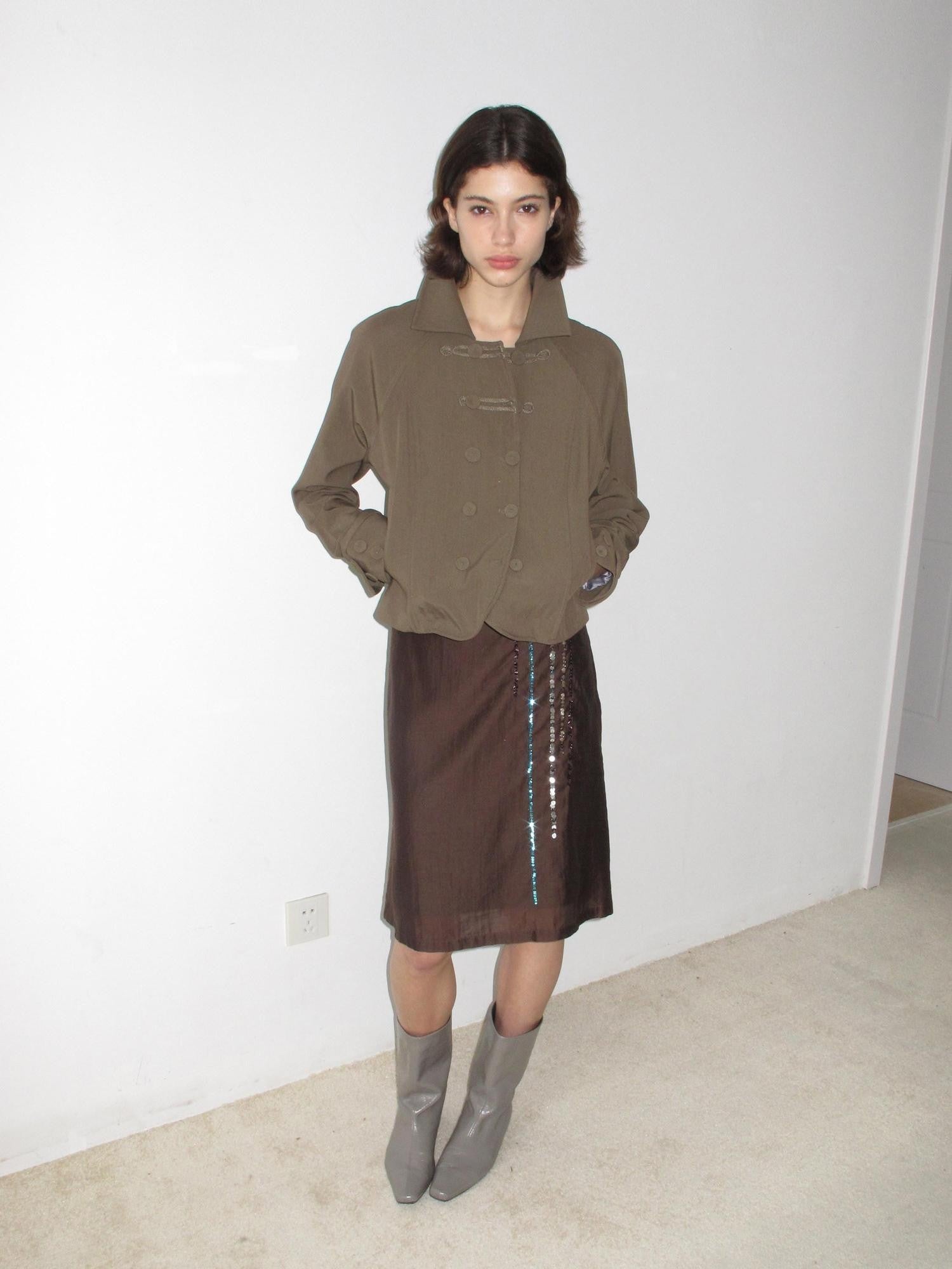 Mito de dar Olive Gray Napoleon Knot Double Breasted Cropped Viscose Women&