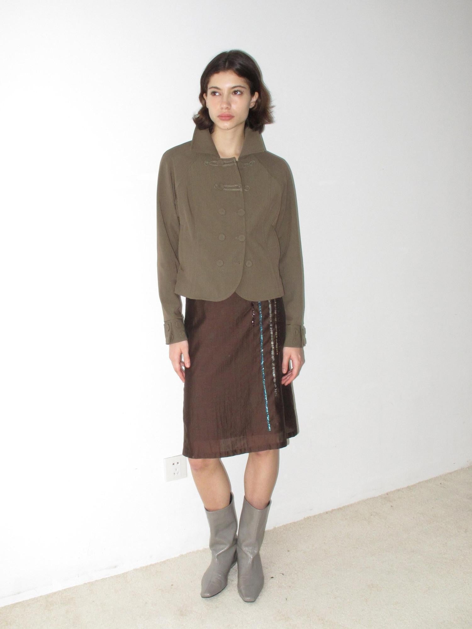 Mito de dar Olive Gray Napoleon Knot Double Breasted Cropped Viscose Women&