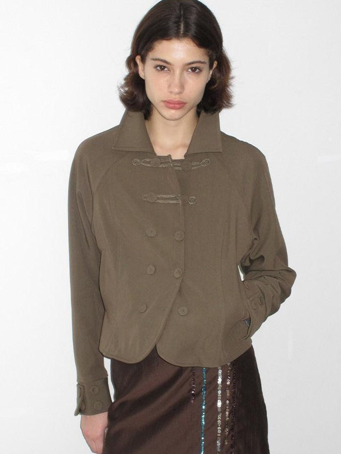 Mito de dar Olive Gray Napoleon Knot Double Breasted Cropped Viscose Women&