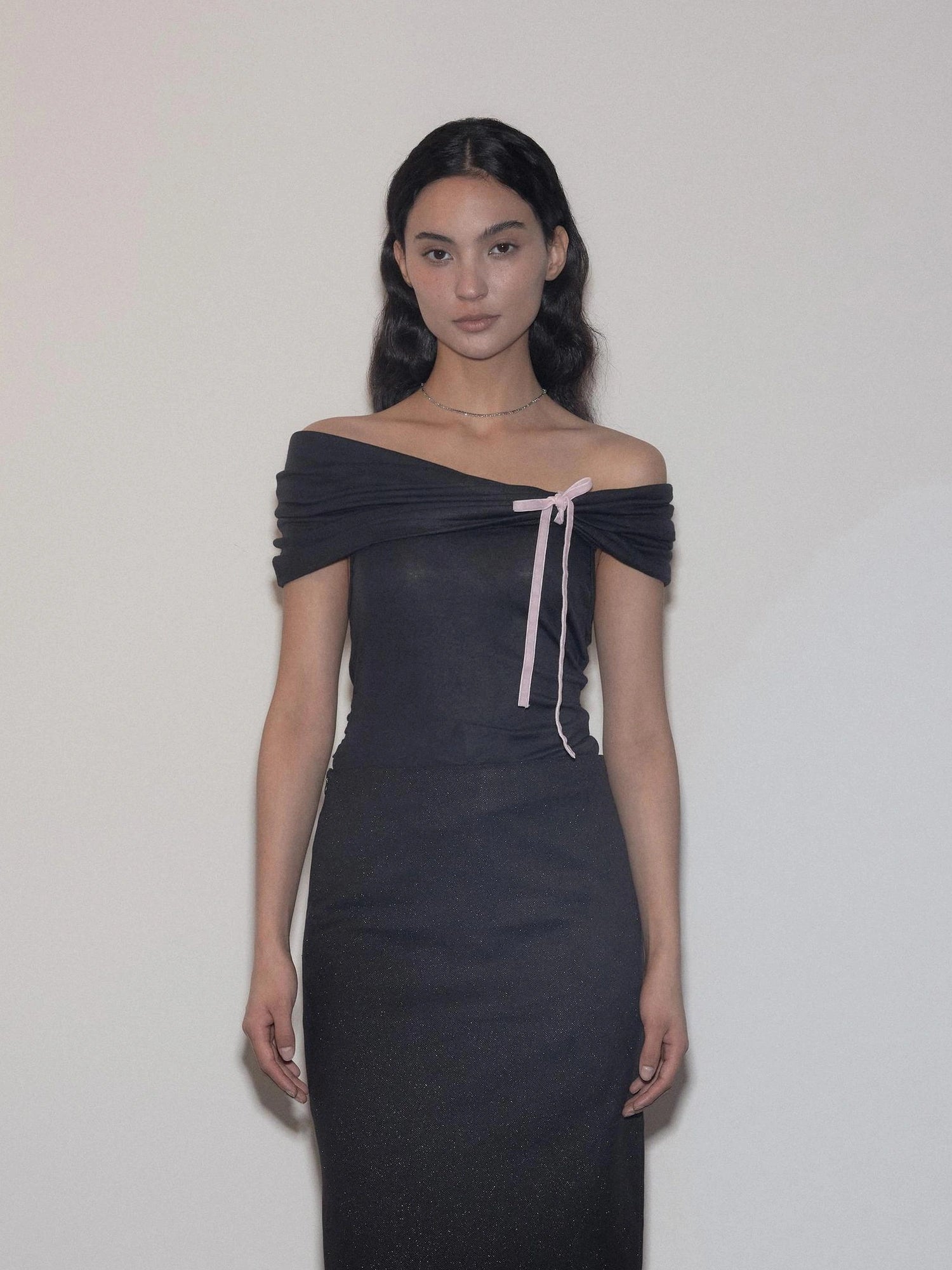 Mito de dar One Shoulder Pleated Pink Bow Lyocell Wool Knit Top