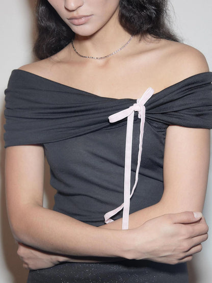 Mito de dar One Shoulder Pleated Pink Bow Lyocell Wool Knit Top