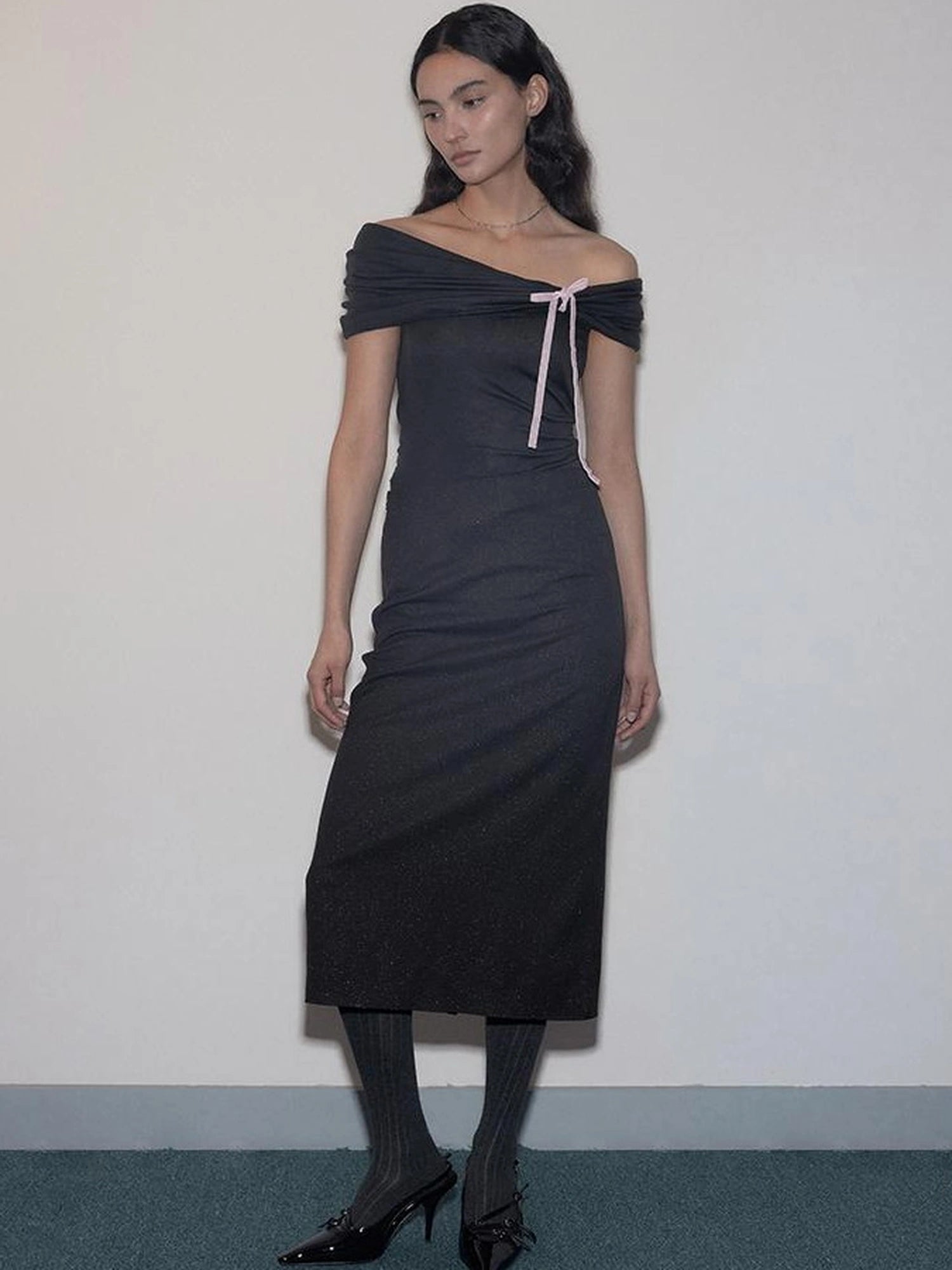 Mito de dar One Shoulder Pleated Pink Bow Lyocell Wool Knit Top