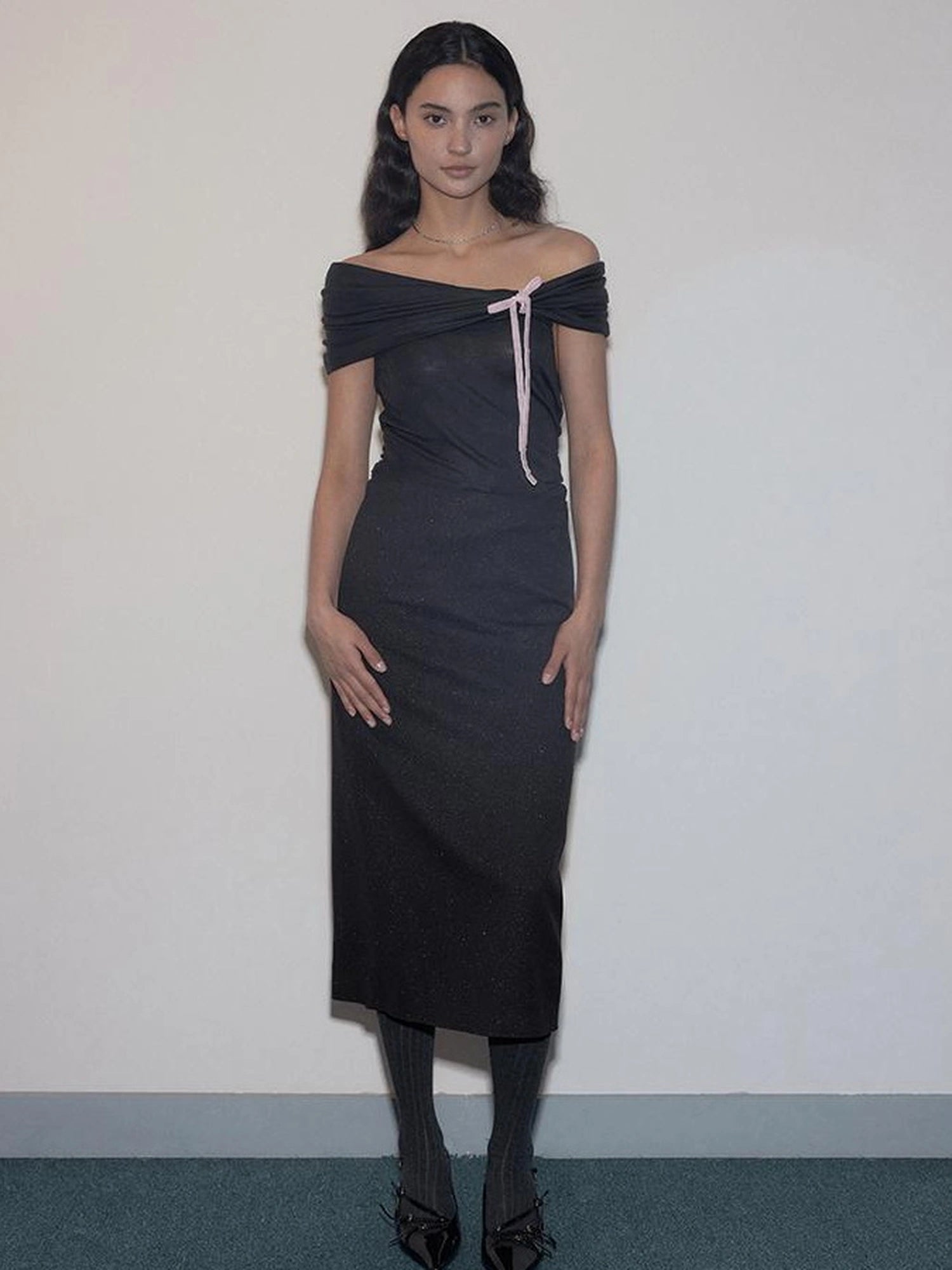 Mito de dar One Shoulder Pleated Pink Bow Lyocell Wool Knit Top