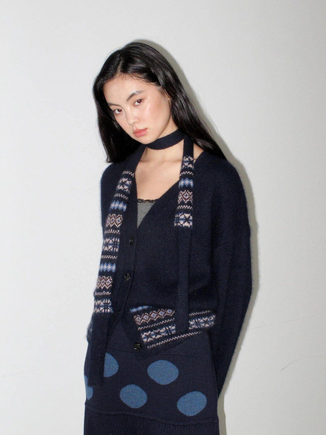 Mito de dar Rabbit Hair Fair Isle Cardigan With Waist Tie