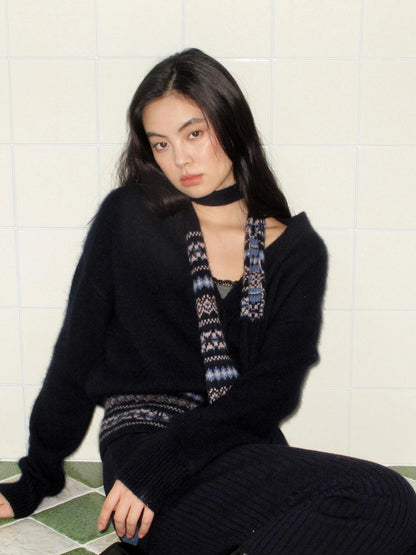 Mito de dar Rabbit Hair Fair Isle Cardigan With Waist Tie