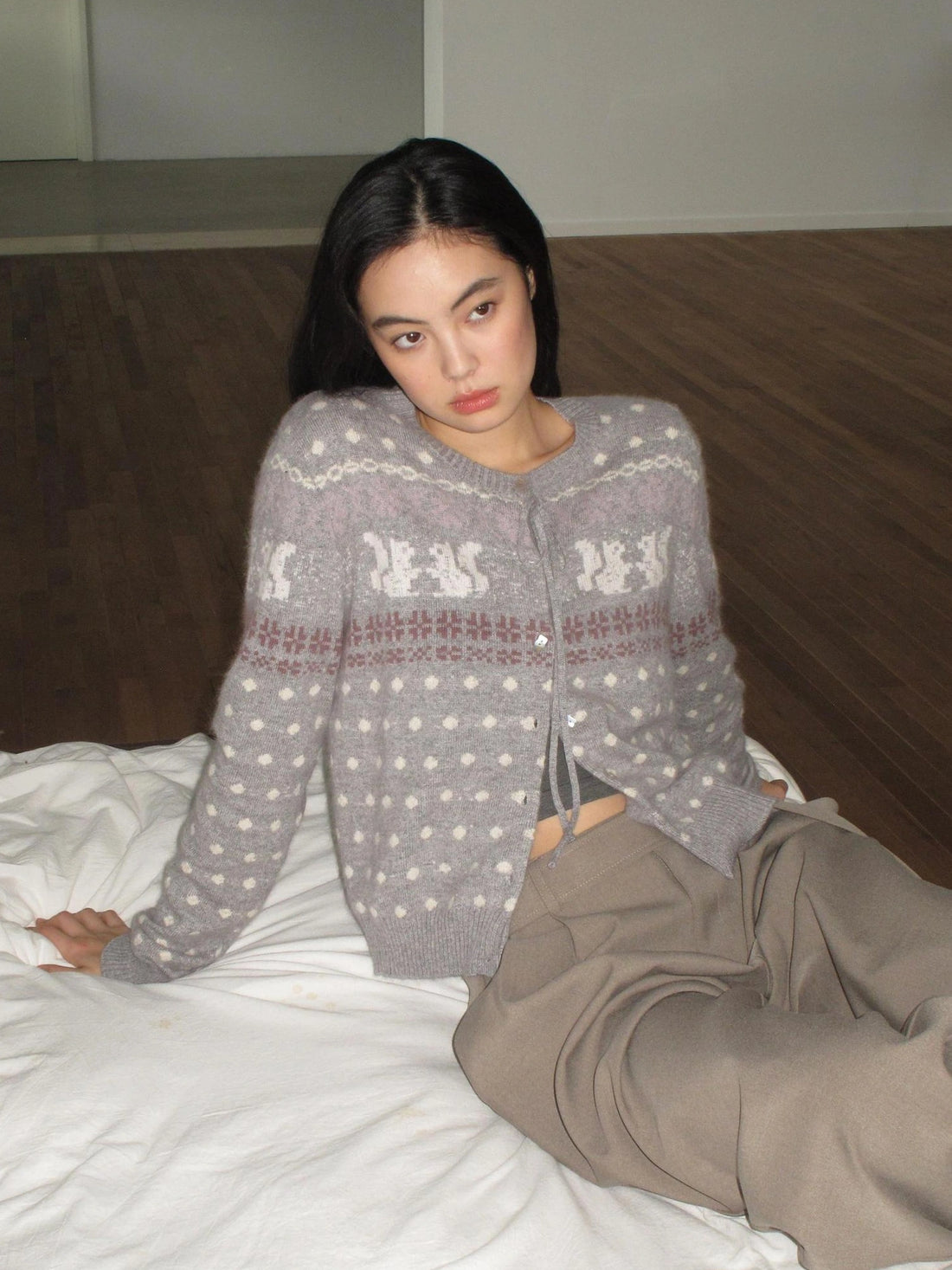 Mito de dar Rabbit Hair Fair Isle Polkadot Knitted Cardigan