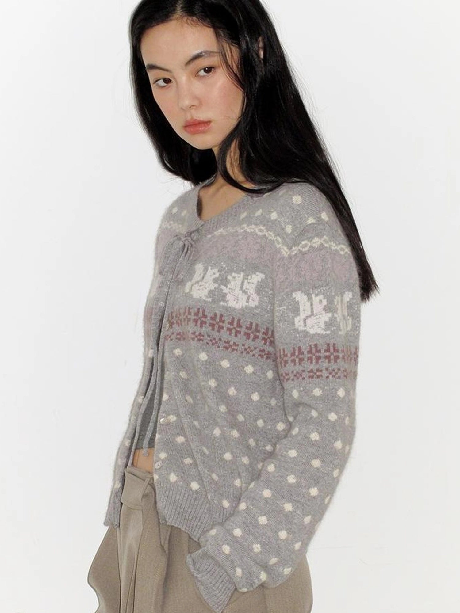 Mito de dar Rabbit Hair Fair Isle Polkadot Knitted Cardigan