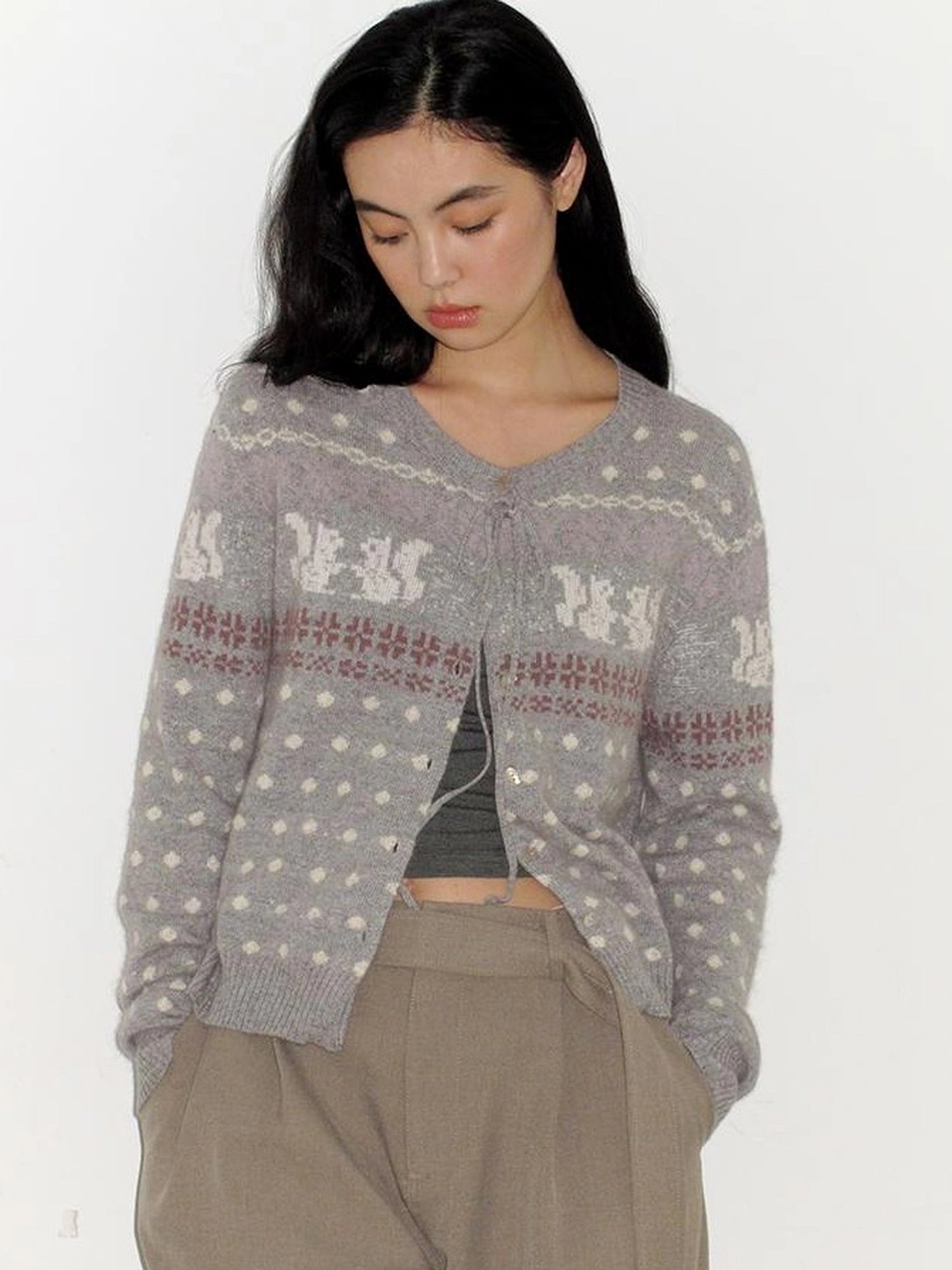 Mito de dar Rabbit Hair Fair Isle Polkadot Knitted Cardigan
