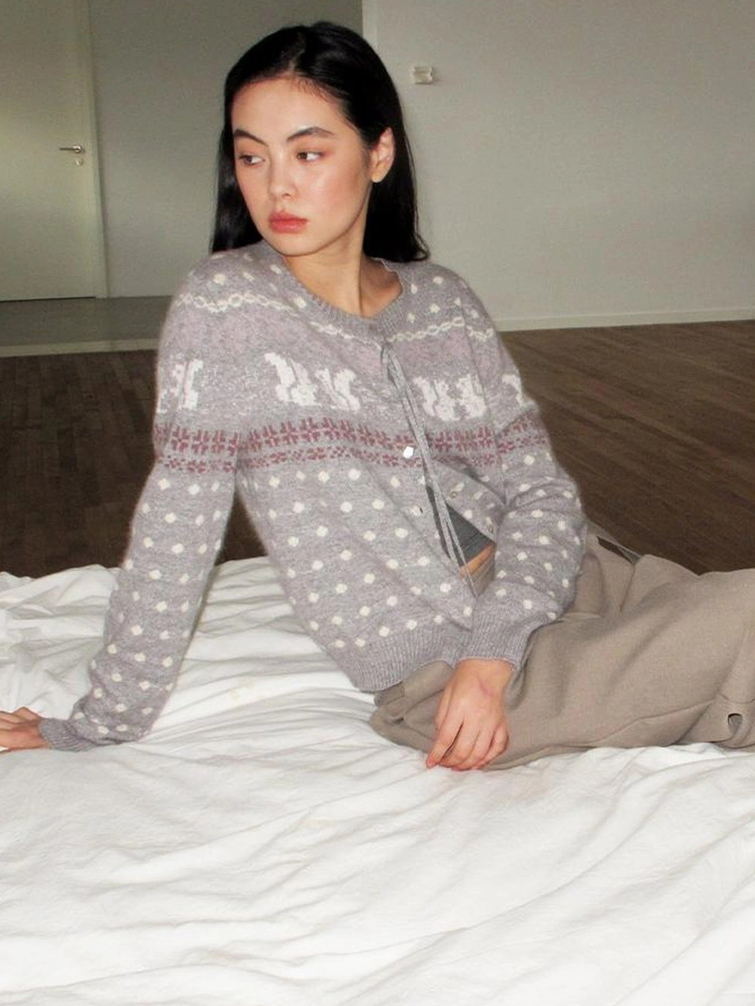 Mito de dar Rabbit Hair Fair Isle Polkadot Knitted Cardigan