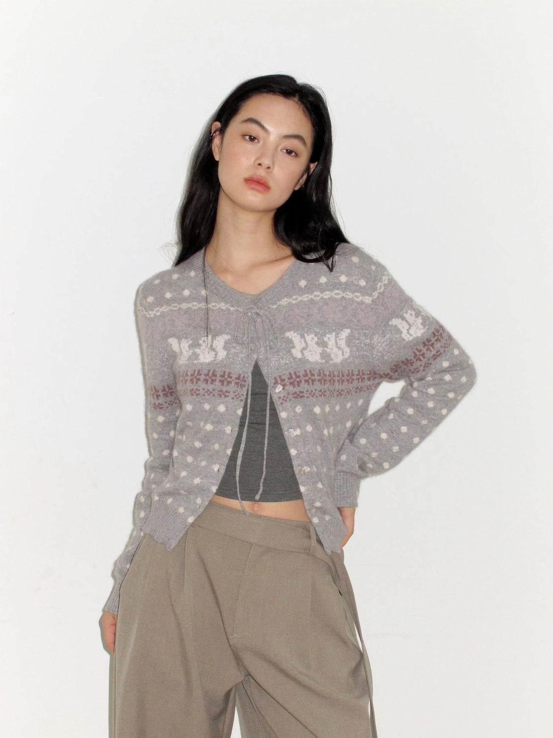 Mito de dar Rabbit Hair Fair Isle Polkadot Knitted Cardigan