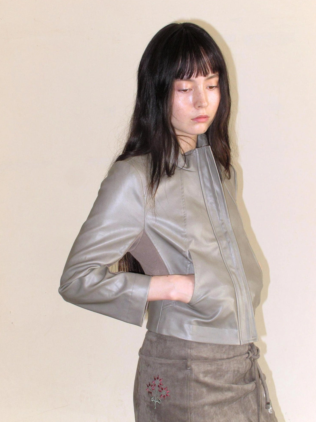 Seven Sleeve Cropped Waist Defining Pu Jacket