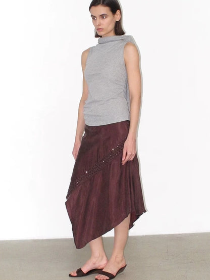 Mito de dar Shape Stable Cupro Sequin Side Slit Asymmetrical Mid Waist For Women Midi Skirt