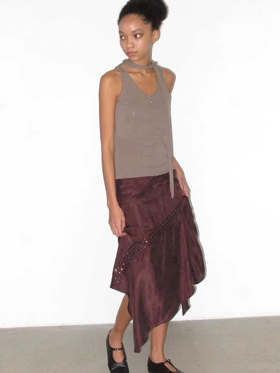 Mito de dar Shape Stable Cupro Sequin Side Slit Asymmetrical Mid Waist For Women Midi Skirt