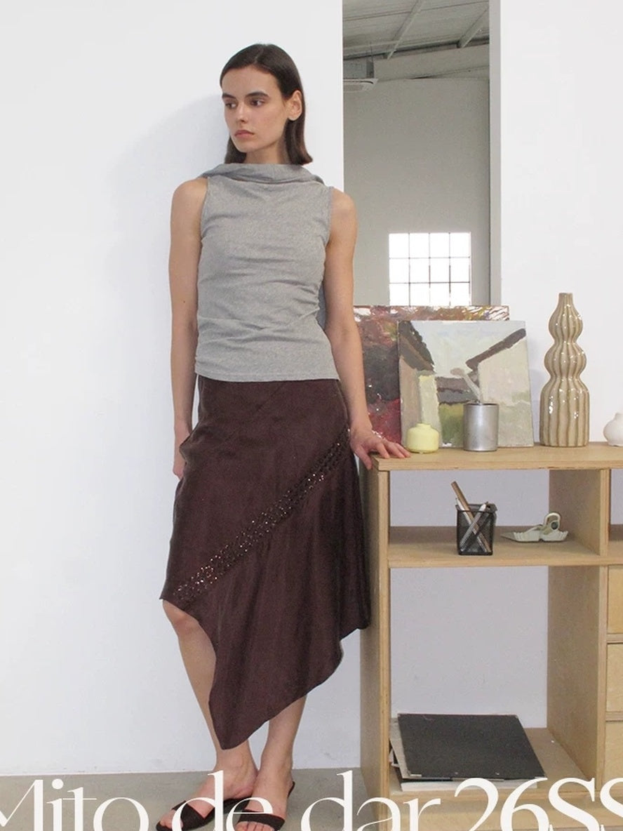 Mito de dar Shape Stable Cupro Sequin Side Slit Asymmetrical Mid Waist For Women Midi Skirt