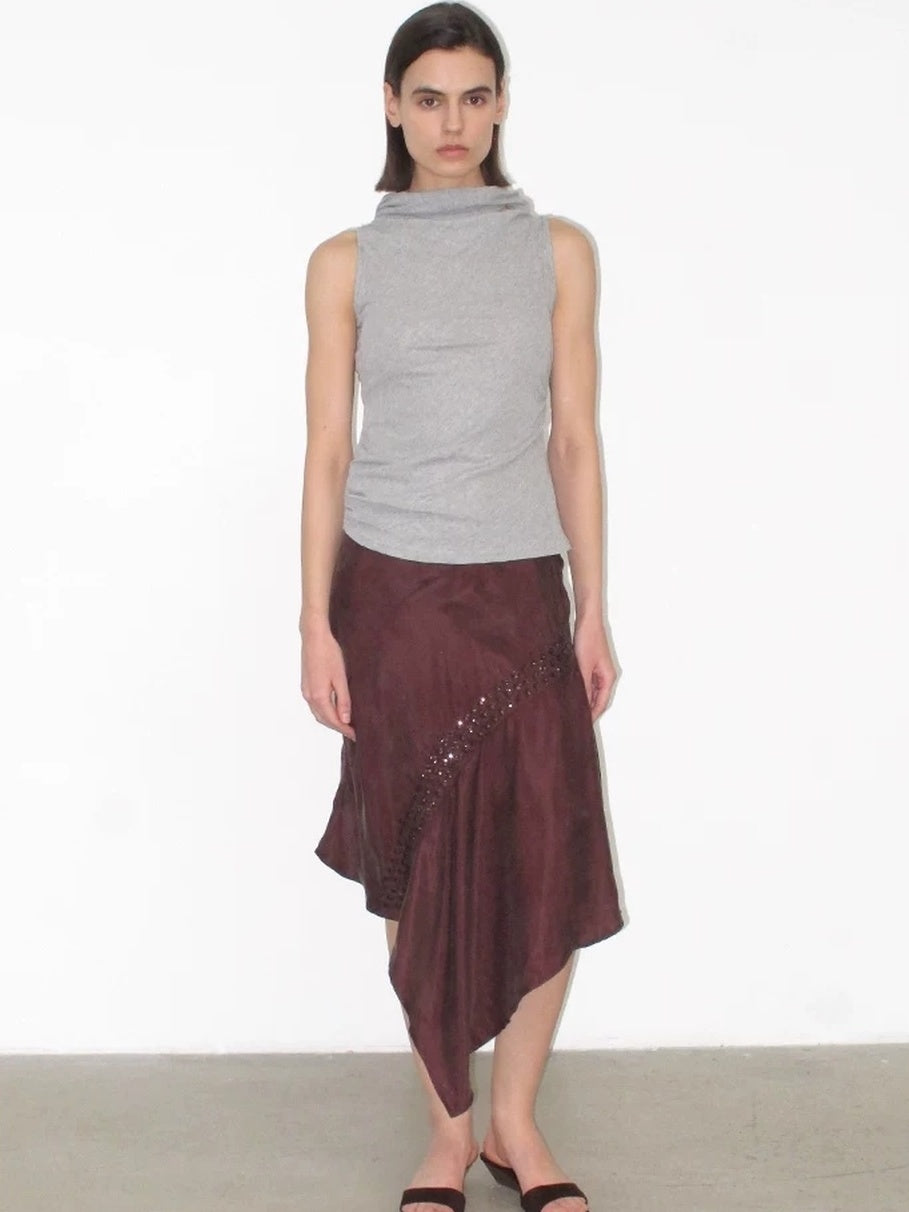 Mito de dar Shape Stable Cupro Sequin Side Slit Asymmetrical Mid Waist For Women Midi Skirt