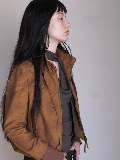 Mito de dar Short Stand Collar Suede Jacket With Ribbed Cuffs