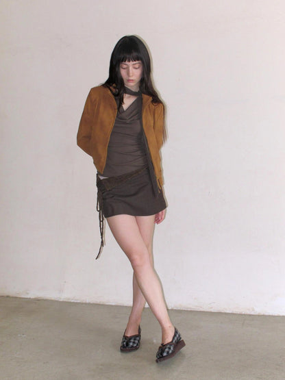 Mito de dar Short Stand Collar Suede Jacket With Ribbed Cuffs