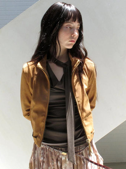 Mito de dar Short Stand Collar Suede Jacket With Ribbed Cuffs