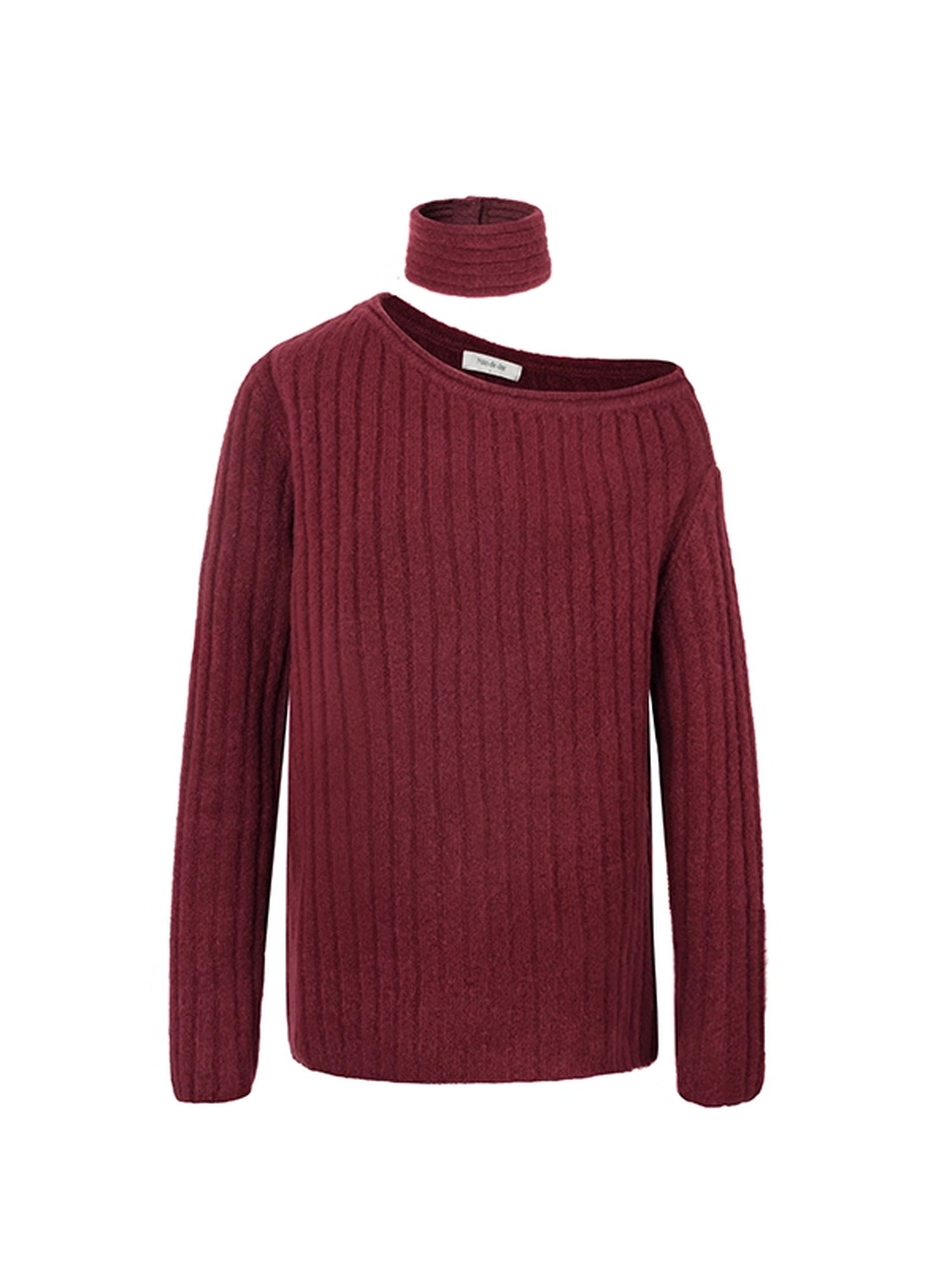 Mito_de_dar_Slanted_Shoulder_Coarse_Knit_Cherry_Red_Wool_Sweater_With_Detachable_Scarf_MISSTT