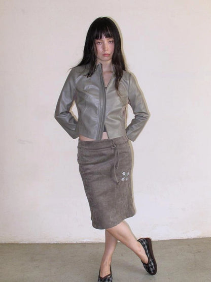 Mito de dar Slim Fit Seven Quarter Sleeve Waist Cinching Pu Leather Jacket