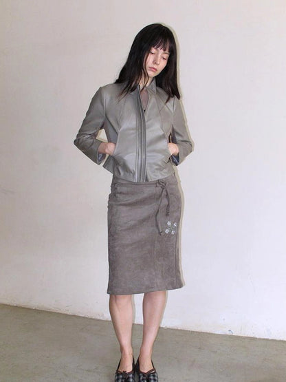 Mito de dar Slim Fit Seven Quarter Sleeve Waist Cinching Pu Leather Jacket