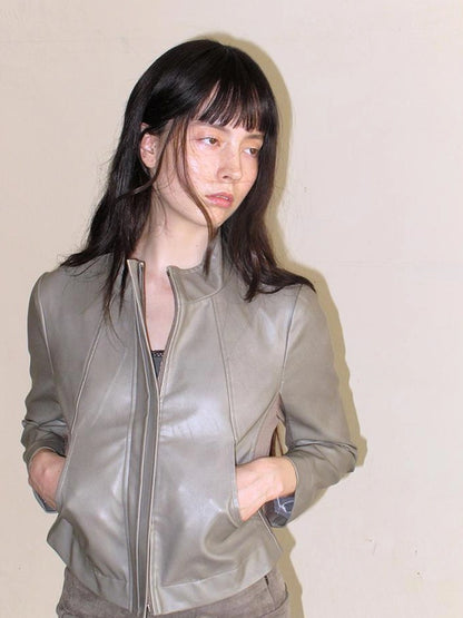 Mito de dar Slim Fit Seven Quarter Sleeve Waist Cinching Pu Leather Jacket