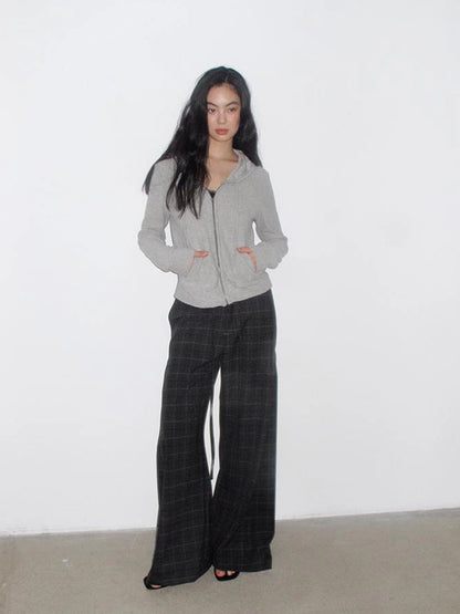 Mito de dar Slit Side Pleated Grey Plaid Wide Leg Pants