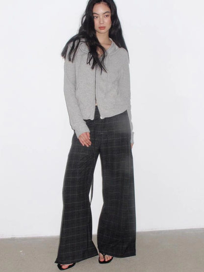 Mito de dar Slit Side Pleated Grey Plaid Wide Leg Pants