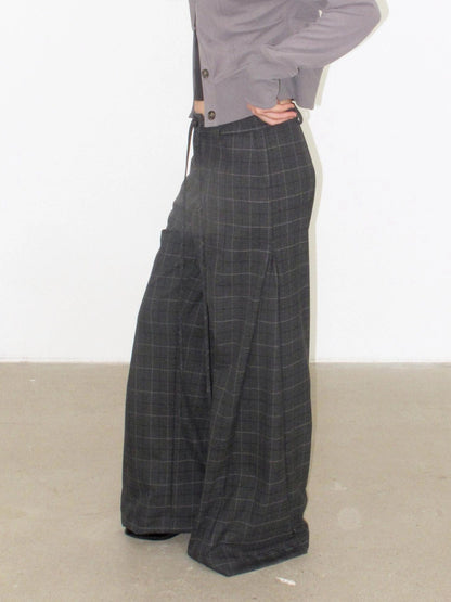 Mito de dar Slit Side Pleated Grey Plaid Wide Leg Pants